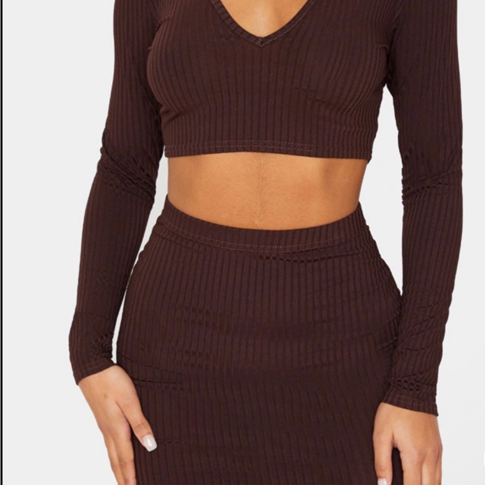 NWT PrettyLittleThing long sleeve brown crop top size 2